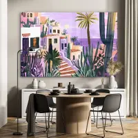 MuchoWow Glasschilderij 180x120 cm - Schilderij acrylglas - Huizen - Minimalistisch - Palmbomen - Kust - Foto op glas - Muurdecoratie woonkamer - Wanddecoratie slaapkamer - Schilderijen