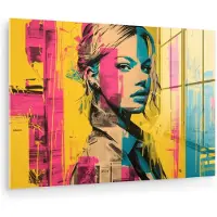 MuchoWow Glasschilderij 180x120 cm - Schilderij acrylglas - Vrouw - Verfstrepen - Gekleurd - Foto op glas - Muurdecoratie woonkamer - Wanddecoratie slaapkamer - Schilderijen