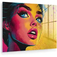 MuchoWow Glasschilderij 160x120 cm - Schilderij acrylglas - Close-up - Vrouwengezicht - Stippen - Geel - Foto op glas - Muurdecoratie woonkamer - Wanddecoratie slaapkamer - Schilderijen