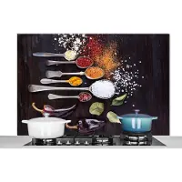 KitchenYeah Spatscherm keuken 120x80 cm - Kookplaat achterwand Kruiden - Lepels - Specerijen - Industrieel - Muurbeschermer - Spatwand fornuis - Hoogwaardig aluminium