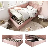 Merax Gestoffeerd bed 90x200cm - slaapbank met opbergruimte - frame jeugdbed - fluweel - roze - geen matras