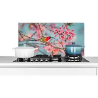 KitchenYeah Spatscherm keuken 90x45 cm - Kookplaat achterwand Vogel - Sakura - Kleuren - Muurbeschermer - Spatwand fornuis - Hoogwaardig aluminium
