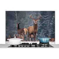 KitchenYeah - Spatscherm - Herten - Landschap - Dieren - Winter - Sneeuw - Spatwand - 120x80 cm - Spatscherm keuken - Achterwand keuken