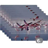 KitchenYeah Placemat - Placemats kunststof - Flamingo - Vogel - Water - Roze - 45x30 cm - 6 stuks - Hittebestendig - Anti-Slip - Onderlegger - Afneembaar
