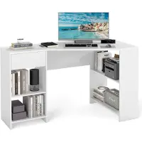 Costway L-vormig bureau, hoekbureau met lade en planken, moderne computertafel, hoektafel voor thuiskantoor, wit