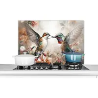 KitchenYeah Spatscherm keuken 80x55 cm - Kookplaat achterwand Kolibrie - Vogels - Bloemen - Natuur - Muurbeschermer - Spatwand fornuis - Hoogwaardig aluminium