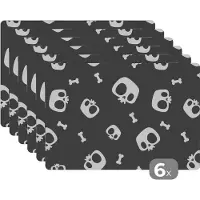 KitchenYeah Placemat - Placemats kunststof - Patronen - Skull - Skelet - Bot - Jongen - Jongetje - Kinderen - Kids - 45x30 cm - 6 stuks - Hittebestendig - Anti-Slip - Onderlegger - Afneembaar