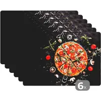 KitchenYeah Placemat - Placemats kunststof - Pizza - Groente - Kruiden - Keuken - 45x30 cm - 6 stuks - Hittebestendig - Anti-Slip - Onderlegger - Afneembaar