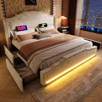 Merax Gestoffeerd bed 160x200cm - tweepersoonsbed met 4 lades - LED-verlichting en USB-C oplaadpoort - met opbergruimte - jeugdbed - beige - geen matras
