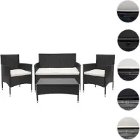 Mendler Poly-Rattan set HWC-F55, balkon-/tuin-/loungeset, bank met zitgedeelte zwart, kussens crème