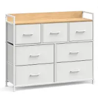 Songmics Ladekast met metalen frame en 7 stoffen lades met handgrepen, Wit + eiken kleuren