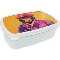 MuchoWow Broodtrommel Wit - Lunchbox Aap - Kimono - Bloemen - Hoofdtooi - Brooddoos 18x12x6 cm - Brood lunch box - Broodtrommels voor kinderen en volwassenen