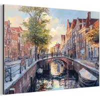 MuchoWow Aluminium schilderij 30x20 cm - Wanddecoratie metaal - Brug - Stad - Huizen - Boot - Metalen muurdecoratie woonkamer - Decoratie industrieel - Foto op dibond - Industriële accessoires slaapkamer