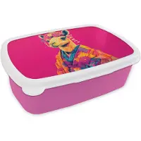 MuchoWow Broodtrommel Roze - Lunchbox Kameel - Bloemen - Kimono - Waaiers - Brooddoos 18x12x6 cm - Brood lunch box - Broodtrommels voor kinderen en volwassenen