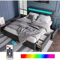 Merax Gestoffeerd bed met LED-verlichting en 4 lades - tweepersoonsbed - 140x200cm - Verstelbaar hoofdeinde - grijs - zonder matras