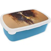 MuchoWow Broodtrommel Blauw - Lunchbox Giraf - Bruin - Abstract - Geschilderd - Brooddoos 18x12x6 cm - Brood lunch box - Broodtrommels voor kinderen en volwassenen