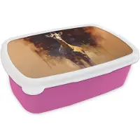 MuchoWow Broodtrommel Roze - Lunchbox Giraf - Bruin - Abstract - Geschilderd - Brooddoos 18x12x6 cm - Brood lunch box - Broodtrommels voor kinderen en volwassenen