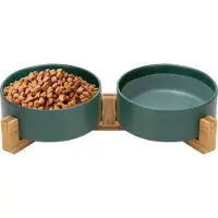 S.old Voerbak Kat en Hond Keramiek - Voerbakken Dubbel met Standaard - Drinkbak - 2x 400 mL - Groen Mat