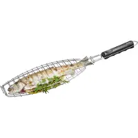 GEFU BBQ Vishouder - RVS Visrooster voor Barbecue - Met Houten Handgreep