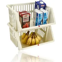 Discountershop Groentemand 2 Stuks Crème – Opbergmand Groente & Fruit – Fruitmand Keuken – Mandenrek Aardappelen Uien – Stapelbare Manden – Keuken Organizer