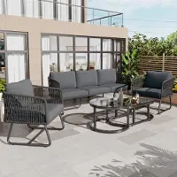 Merax Garten-Lounge-Set mit Rahmen aus verzinktem Eisen, Gartenmöbel-Set aus Seil, graues Seil, verstellbare Füße, Tischplatte aus glattem Glas, 5er-Set, inklusive aller Sitz- und Rückenkissen