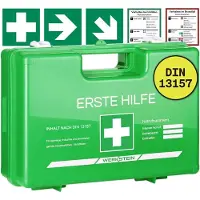 WERKSTEIN EHBO-Koffer DIN 13157 – Verbanddoos inclusief praktische Wandhouder, 5 stickers, Gezichtsmaskers, Vochtige Doekjes & Verzegeling – EHBO-koffer voor bedrijven, instellingen & thuis