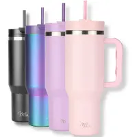 MILU Tumbler 1200ml met Rietje en Handvat | 24u Koud / 48u Ijs / 12u Heet | Dubbelwandige Isolatie Thermosbeker Koffie Voor in de Auto | Thermos Beker Travel Mug to go (Roze)