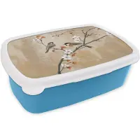 MuchoWow Broodtrommel Blauw - Lunchbox Vogels - Bloesemtak - Bloemen - Oranje - Brooddoos 18x12x6 cm - Brood lunch box - Broodtrommels voor kinderen en volwassenen
