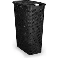 PlasticForte Smalle Wasmand met deksel Rotan - zwart - gevlochten kunststof - 48 liter - 27 x 46 x 60 cm