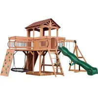 Backyard Discovery Sterling Point Speeltoestel van hout XXL | Speeltoren compleet inc. schommels / Glijbaan / zandbak / klimwand / nestschommel / trapeze | Met verhoogd open speelhuisje met loopbrug