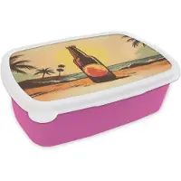 MuchoWow Broodtrommel Roze - Lunchbox Bierfles - Zonsondergang - Palmbomen - Zee - Brooddoos 18x12x6 cm - Brood lunch box - Broodtrommels voor kinderen en volwassenen