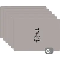 KitchenYeah Placemat - Placemats kunststof - Quotes - Eten - Spreuken - Cook eat sleep repeat - Koken - 45x30 cm - 6 stuks - Hittebestendig - Anti-Slip - Onderlegger - Afneembaar