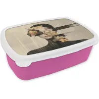 MuchoWow Broodtrommel Roze - Lunchbox Gezicht - Bloemen - Zwart - Vrouw - Brooddoos 18x12x6 cm - Brood lunch box - Broodtrommels voor kinderen en volwassenen