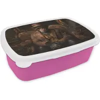 MuchoWow Broodtrommel Roze - Lunchbox Chimpansee - Stoel - Pak - Bruin - Brooddoos 18x12x6 cm - Brood lunch box - Broodtrommels voor kinderen en volwassenen