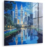 MuchoWow Glasschilderij 50x50 cm - Schilderij acrylglas - Stad Kuala Lumpur - Skyline - Wolkenkrabbers - Water - Foto op glas - Muurdecoratie woonkamer - Wanddecoratie slaapkamer - Schilderijen