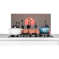 KitchenYeah Spatscherm keuken - Flamingo - Zon - Roze - Vogel - Tropisch - 80x40 cm - Spatwand - Acherwand keuken - Spatscherm dieren - Keuken decoratie