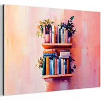 MuchoWow Aluminium schilderij 180x120 cm - Wanddecoratie metaal - Planken - Boeken - Bladeren - Metalen muurdecoratie woonkamer - Decoratie industrieel - Foto op dibond - Industriële accessoires slaapkamer