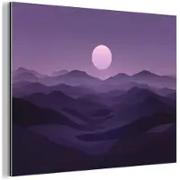 MuchoWow Aluminium schilderij 160x120 cm - Wanddecoratie metaal - Heuvels - Paars - Mist - Zon - Metalen muurdecoratie woonkamer - Decoratie industrieel - Foto op dibond - Industriële accessoires slaapkamer
