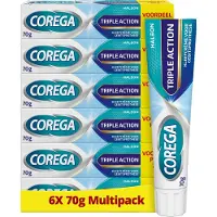 Corega Triple Action - Kleefcrème – Kunstgebit - Sterke Fixatie - Bescherming Tegen Voedseldeeltjes - Comfort & Milde Muntsmaak - Voordeelverpakking 6 x 70 g