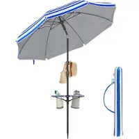 Songmics In hoogte verstelbare strandparasol met opvouwbare zonwering, Blauw + Wit / 160 cm