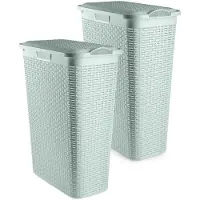 PlasticForte Smalle Wasmand met deksel Rotan - 2x - groen - gevlochten kunststof - 48 liter - 27 x 46 x 60 cm