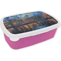 MuchoWow Broodtrommel Roze - Lunchbox Grachten Amsterdam - Huizen - Stad - Kleurrijk - Brooddoos 18x12x6 cm - Brood lunch box - Broodtrommels voor kinderen en volwassenen