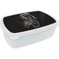 MuchoWow Broodtrommel Wit - Lunchbox Lijntekening - Wit - Wielrennen - Snelheid - Brooddoos 18x12x6 cm - Brood lunch box - Broodtrommels voor kinderen en volwassenen
