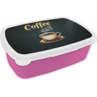 MuchoWow Broodtrommel Roze - Lunchbox Koffie - Schotel - Koffiebonen - Retro - Brooddoos 18x12x6 cm - Brood lunch box - Broodtrommels voor kinderen en volwassenen