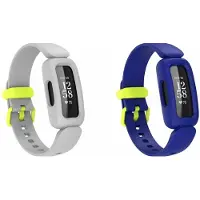 Strap-it Bundel van 2 Siliconen Bandjes - Geschikt voor Fitbit Ace 3 - Blauw/Geel & Grijs/Geel - Sportbandje - Sportarmband - Siliconen Band - Waterbestendig & zweetbestendig