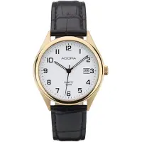 Adora Klassiek Goudkleurig Horloge met Datum – 37 mm – Edelstalen Kast – Zwarte Leren Band – 5 BAR Waterdicht – Model AB6108