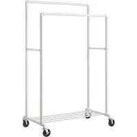 Pricenet Kleiderständer, Kleiderstange, Garderobenständer mit 2 Kleiderstangen und Ablage, Rollen, bis 110 kg belastbar, Industrie-Design, für Schlafzimmer, Ankleidezimmer, weiß HSR060W01