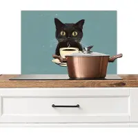 KitchenYeah Spatscherm keuken 60x40 cm - Kookplaat achterwand Kat - Zwart - Koffie - Minimalistisch - Muurbeschermer - Spatwand fornuis - Hoogwaardig aluminium