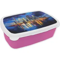 MuchoWow Broodtrommel Roze - Lunchbox Skyline Toronto - Modern - Stadslicht - Blauw - Brooddoos 18x12x6 cm - Brood lunch box - Broodtrommels voor kinderen en volwassenen