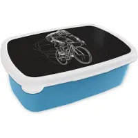 MuchoWow Broodtrommel Blauw - Lunchbox Lijntekening - Wit - Wielrennen - Snelheid - Brooddoos 18x12x6 cm - Brood lunch box - Broodtrommels voor kinderen en volwassenen